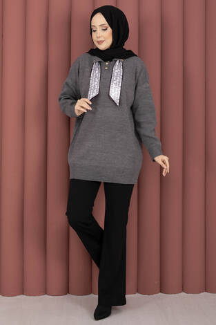 Fularlı Polo Yaka Triko Kazak Gri - Thumbnail