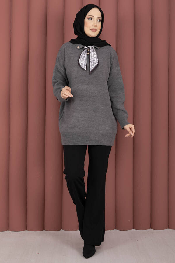 RAF - Fularlı Polo Yaka Triko Kazak Gri