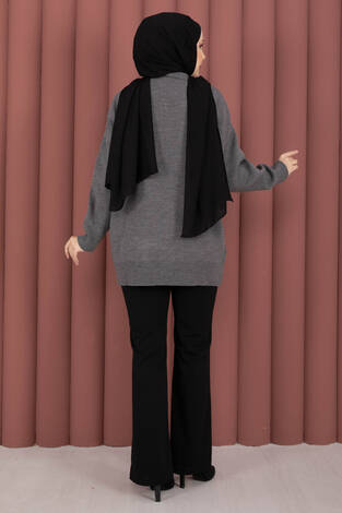 Fularlı Polo Yaka Triko Kazak Gri - Thumbnail