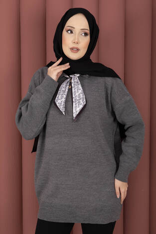 Fularlı Polo Yaka Triko Kazak Gri - Thumbnail