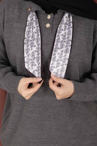 Fularlı Polo Yaka Triko Kazak Gri - Thumbnail