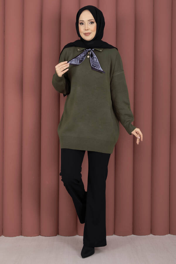 RAF - Fularlı Polo Yaka Triko Kazak Haki