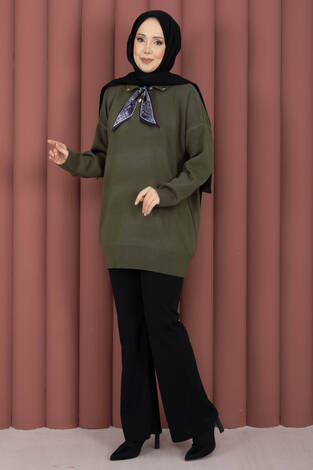 Fularlı Polo Yaka Triko Kazak Haki - Thumbnail