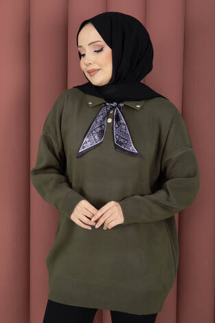 Fularlı Polo Yaka Triko Kazak Haki - Thumbnail