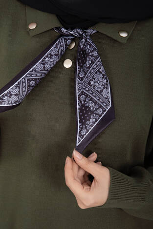 Fularlı Polo Yaka Triko Kazak Haki - Thumbnail