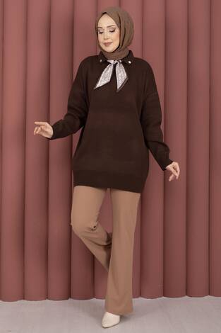 Fularlı Polo Yaka Triko Kazak Kahve - Thumbnail