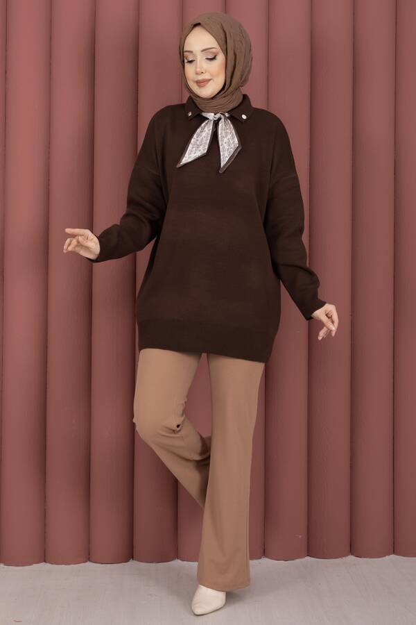 RAF - Fularlı Polo Yaka Triko Kazak Kahve
