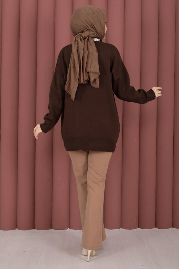 Fularlı Polo Yaka Triko Kazak Kahve - 5