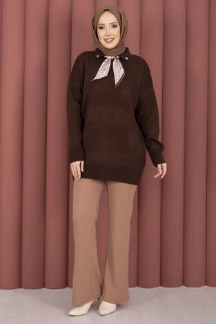 Fularlı Polo Yaka Triko Kazak Kahve - Thumbnail