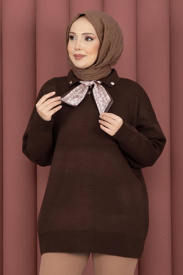 RAF - Fularlı Polo Yaka Triko Kazak Kahve (1)