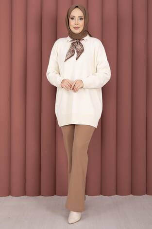 Fularlı Polo Yaka Triko Kazak Krem - Thumbnail