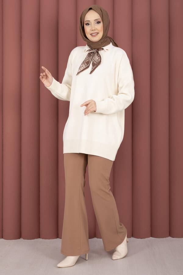 RAF - Fularlı Polo Yaka Triko Kazak Krem