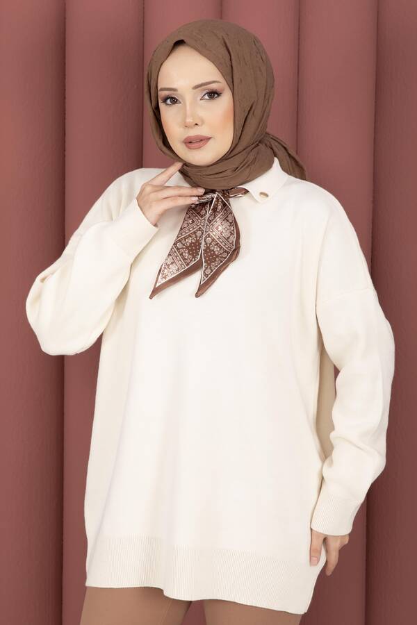 RAF - Fularlı Polo Yaka Triko Kazak Krem (1)