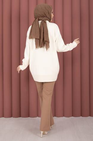 Fularlı Polo Yaka Triko Kazak Krem - Thumbnail