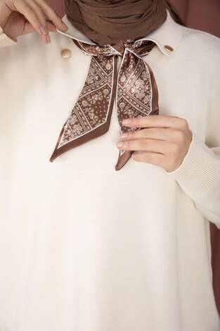 Fularlı Polo Yaka Triko Kazak Krem - Thumbnail