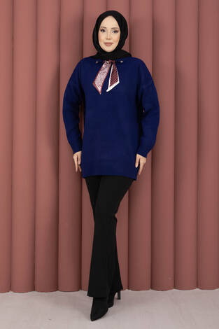 Fularlı Polo Yaka Triko Kazak Saks - Thumbnail