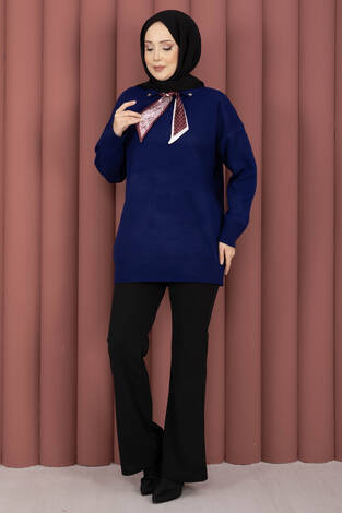 Fularlı Polo Yaka Triko Kazak Saks - Thumbnail