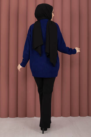 Fularlı Polo Yaka Triko Kazak Saks - Thumbnail