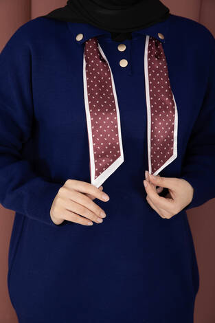 Fularlı Polo Yaka Triko Kazak Saks - Thumbnail