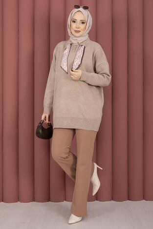 Fularlı Polo Yaka Triko Kazak Vizon - Thumbnail