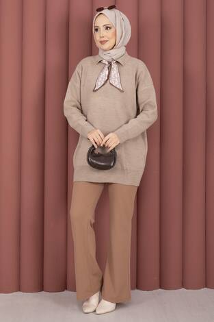 Fularlı Polo Yaka Triko Kazak Vizon - Thumbnail