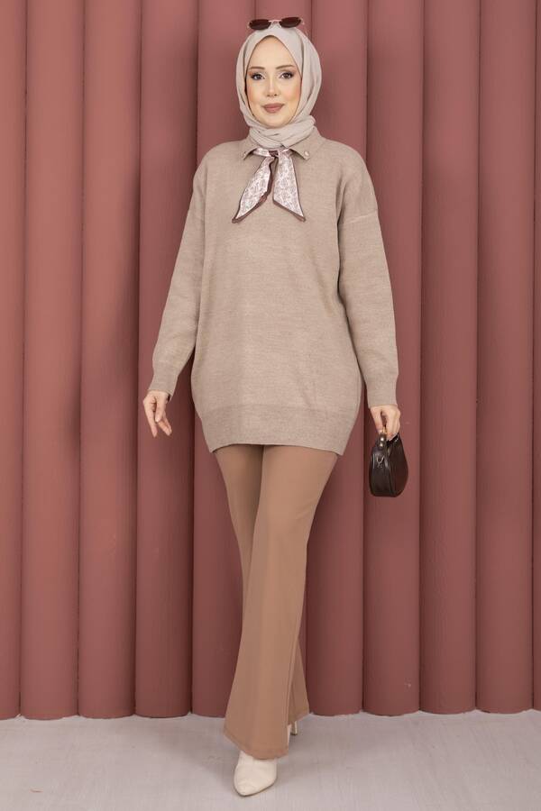 RAF - Fularlı Polo Yaka Triko Kazak Vizon