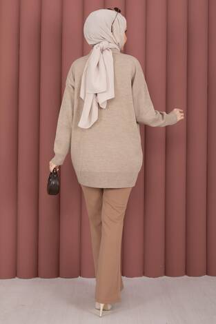 Fularlı Polo Yaka Triko Kazak Vizon - Thumbnail