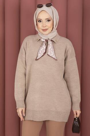 Fularlı Polo Yaka Triko Kazak Vizon - Thumbnail