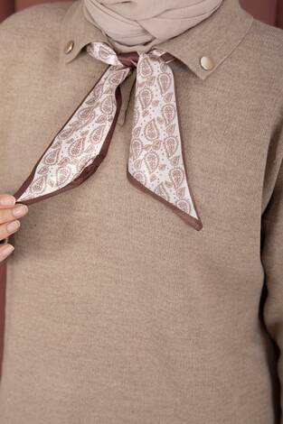 Fularlı Polo Yaka Triko Kazak Vizon - Thumbnail