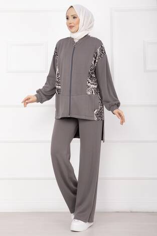 Garnili Önü Fermuarlı İkili Takım Gri