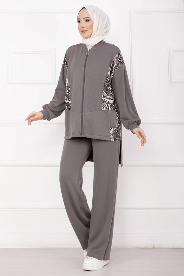 MD - Garnili Önü Fermuarlı İkili Takım Gri