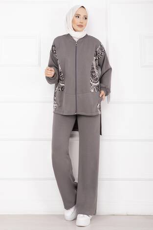 Garnili Önü Fermuarlı İkili Takım Gri - Thumbnail