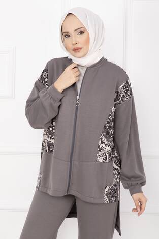 Garnili Önü Fermuarlı İkili Takım Gri - Thumbnail