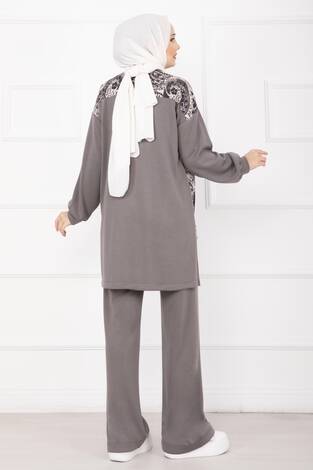 Garnili Önü Fermuarlı İkili Takım Gri - Thumbnail