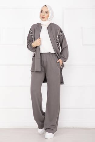Garnili Önü Fermuarlı İkili Takım Gri - Thumbnail