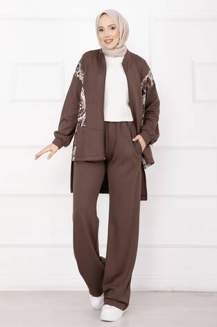 Garnili Önü Fermuarlı İkili Takım Kahve - Thumbnail