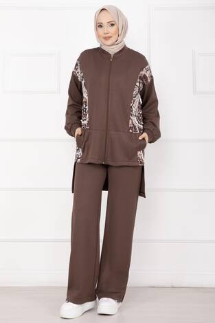 Garnili Önü Fermuarlı İkili Takım Kahve - Thumbnail