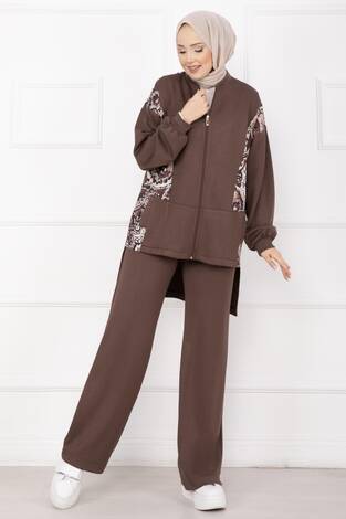 Garnili Önü Fermuarlı İkili Takım Kahve - Thumbnail