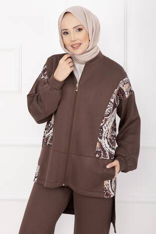 Garnili Önü Fermuarlı İkili Takım Kahve - Thumbnail