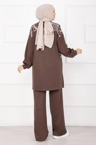 Garnili Önü Fermuarlı İkili Takım Kahve - Thumbnail