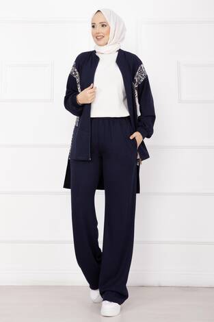 Garnili Önü Fermuarlı İkili Takım Lacivert - Thumbnail