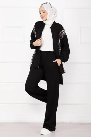 Garnili Önü Fermuarlı İkili Takım Siyah - Thumbnail