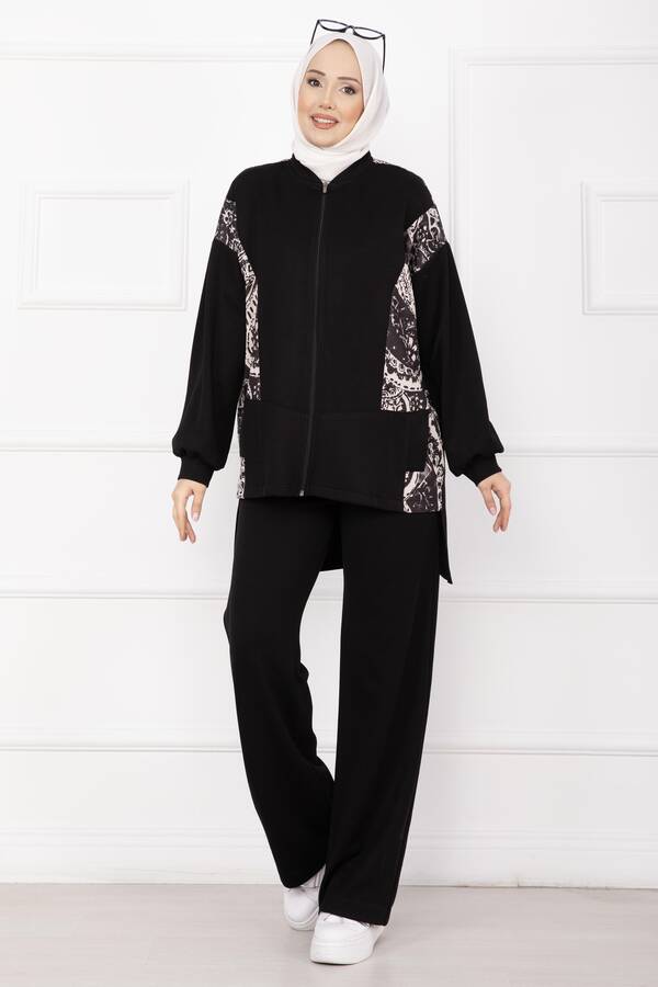 MD - Garnili Önü Fermuarlı İkili Takım Siyah