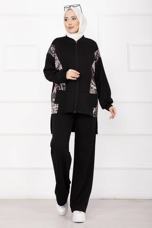 Garnili Önü Fermuarlı İkili Takım Siyah - Thumbnail