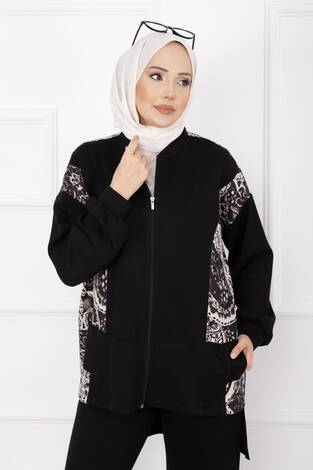 Garnili Önü Fermuarlı İkili Takım Siyah - Thumbnail