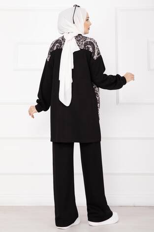 Garnili Önü Fermuarlı İkili Takım Siyah - Thumbnail