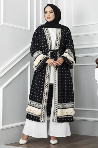 Garnili Püskül Detaylı Tesettür Kimono Siyah - Thumbnail