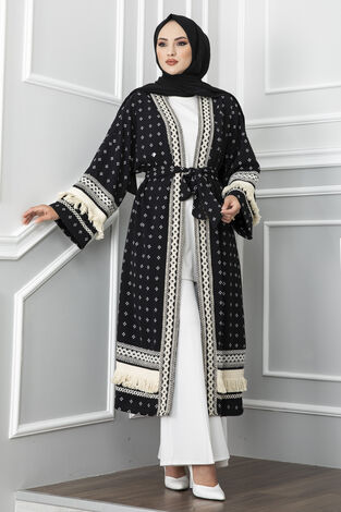 Garnili Püskül Detaylı Tesettür Kimono Siyah - Thumbnail