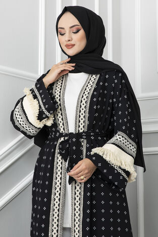 Garnili Püskül Detaylı Tesettür Kimono Siyah - Thumbnail
