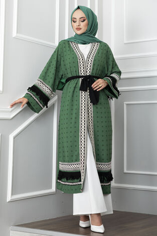 Garnili Püskül Detaylı Tesettür Kimono Yeşil - Thumbnail